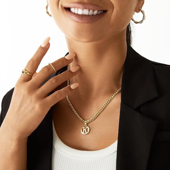 Gold Initial Necklace,14K Gold Plated Round Letter Pendant Hollow Capital Monogr - Picture 2 of 7